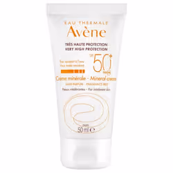 AVENECrème minérale Très haute protection Très résistant à l'eauSans parfum Peaux intolérantesHypoallergénique et non comédogèneUVA/UVBSPF50+50mlTrès haute protection solaire de la peau intolérante ou fragilisée du visage.Ses atouts :Complexe d'actifs photoprotecteurs assurant une protection optimale contre l'ensemble du rayonnement solaire UVB-UVA longs et courts.Texture onctueuse et légèrement teintée.Haute tolérance : conçue sans filtre chimique