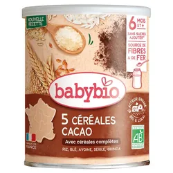 Babybio 5 Céréales Cacao avec Céréales Complètes 6 Mois et + Bio 220 g