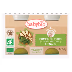 Babybio pomme de terre du val de loire, épinard, dès 4mois, 2*130g
