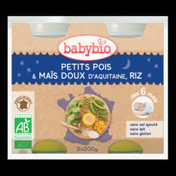 Babybio petits pois, maïs doux d'aquitaine, riz de camargue, dès 6 mois, 2*200g