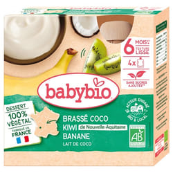 Babybio Brassé Coco Kiwi Banane Lait de Coco 6 Mois et + Bio 4 Gourdes de 85 g