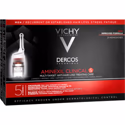 Un soin adapté peut vous éviter de perdre vos cheveux. Le traitement anti-chute pour homme Vichy Dercos Aminexil Clinical 5 réduit visiblement la perte de cheveux en seulement 6 semaines d’utilisation. Les premiers résultats sont d’ailleurs visibles après 3 semaines : le cuir chevelu est plus fort et plus résistant. Luttez contre la chute des cheveux