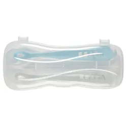 Béaba 2 Cuillères 1er Âge Silicone avec Boîte de Transport - Couleur : Gris et Bleu