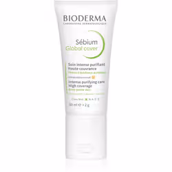 BIODERMASébium Global CoverSoin intense purifiant haute couvrancePeaux à tendance acnéiqueElimine boutons et points noirsTeinte universelle30ml + 2gSébium Global Cover est le soin teinté Haute Couvrance qui agit à l'origine des boutons et points noirs grâce à la technologie SeboRestore [ Brevet Fluidactiv(TM) - Bakuchiol]. Cette technologie rééquilibre la composition du sébum pour qu'il retrouve ses fonctions protectrices naturelles et empêche la formation de nouvelles imperfections. Sébium Global Cover agit également sur les boutons et point noirs déjà installés et atténue les marques: - L'association d'actifs dermatologiques justement dosés