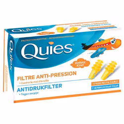 QUIESProtection auditiveFiltre anti-pressionEnfant1 paire réutilisableLes protections auriculaires anti pression spécial enfant de Quies sont indispensables aux oreilles sensibles pour tout voyage en avion ou en train ou pour l'altitude. Dans certains cas (atterrissage