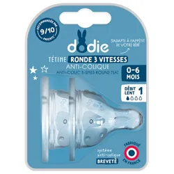 Dodie 2 Tétines Rondes 3 Vitesses Anti-Colique Débit Lent 0-6 Mois