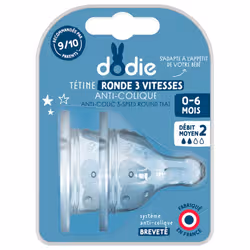 Dodie 2 Tétines Rondes 3 Vitesses Anti-Colique Débit Moyen 0-6 Mois