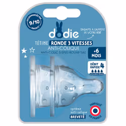 Dodie 2 Tétines Rondes 3 Vitesses Anti-Colique Liquide Epais + 6 Mois