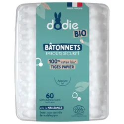 Dodie Bâtonnets Embouts Sécurité 100% Coton Bio 60 Bâtonnets