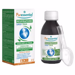 PURESSENTIELRespiratoireSirop TouxSoulage la toux100% d'origine naturelleDispositif médical 125mlCalme la toux dès le 1er jour. Apaise la muqueuse irritée. Protège durablement les voies respiratoires supérieures.Le sirop toux Puressentiel agit par action mécanique pour calmer la toux générée par une infection des voies respiratoires