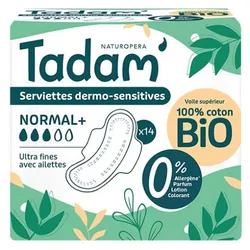 Tadam' Serviettes Dermo-Sensitives Ultra Fines avec Ailettes Normal+ 14 Serviettes