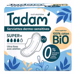 Tadam' Serviettes Dermo-Sensitives Ultra Fines avec Ailettes Super+ 12 Serviettes