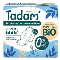 Tadam' Serviettes Dermo-Sensitives Ultra Fines avec Ailettes Super+ 12 Serviettes