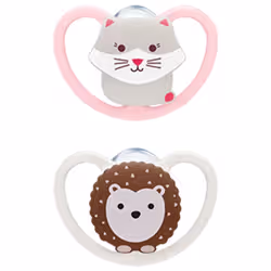 NUK Space 2 Sucettes Silicone 0-6 Mois - Modèle : Chat/Hérisson
