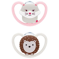NUK Space 2 Sucettes Silicone 0-6 Mois - Modèle : Chat/Hérisson