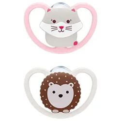 NUK Space 2 Sucettes Silicone 0-6 Mois - Modèle : Chat/Hérisson