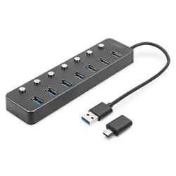 Digitus Hub USB 3.0, 7 ports, commutable, boîtier aluminium