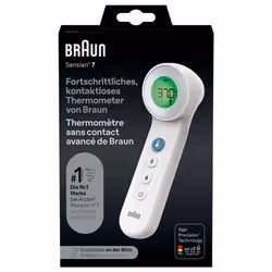 Braun Thermomètre sans Contact + Contact BNT 400 est un thermomètre infrarouge frontal qui permet de prendre la température sans être en contact avec la peau.
Il peut également prendre la température avec contact sur le front et convient ainsi à toute la famille.