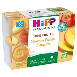 HiPP 100% Fruits Pommes Pêches Mangues dès 8 Mois Bio 4 Pots