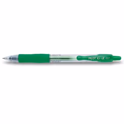 Pilot roller rétractable Gelpen G-2 vert Grip caoutchouté très confortable. Système de contrôle de débit de l'encre. Corps transparent fumé. Grip et clip de la couleur de l'encre. Rechargeable et retractable. largeur de trait: 0