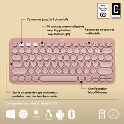 Logitech Pebble Keys 2 K380s clavier RF sans fil + Bluetooth AZERTY Français Rose - Vue supplémentaire 6