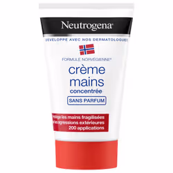NeutrogenaCrème mains concentréeSans parfumUne seule noisette suffit pour un apaisement immédiatHydratation 24hMains très sèches et sensibles50mlCrème concentrée pour les mains