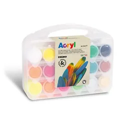 PRIMO 416TB18ASP Set de peinture acrylique fine en pot de 25 ml. Mallette multifonction contenant 12 couleurs normals, 4 fluo, or, a