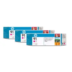 HP 91 Magenta 3 Ink Multi Pack Printhead used with the DesignJet  Z6100 photo printers.  Each mulitpack  contains 3 each 775ml ink cartridge. (C9484A)