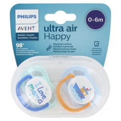 Avent Ultra Air Happy 2 Sucettes Orthodontiques 0-6 Mois - Modèle : I Love Mama Bleu