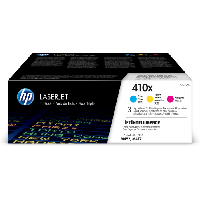 HP 410XLaserJet, lot de 3 cartouches de toner grande capacité authentiques, cyan/magenta/jaune (CF252XM) HP 410XLaserJet, lot de 3 cartouches de toner grande capacité authentiques, cyan/magenta/jaune (CF252XM)
