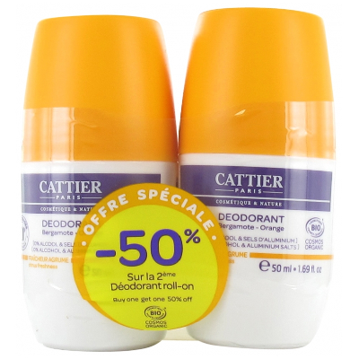 Cattier Déodorant Roll-On Bergamote Orange Bio Lot de 2 x 50 ml