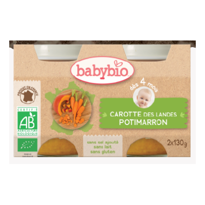 Babybio carotte des landes, potimarron, dès 4 mois, 2*130g