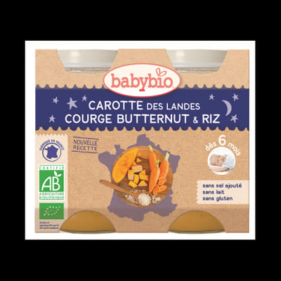 Babybio Carotte des landes, courge butternut et riz, dès 6 mois, 2*200g