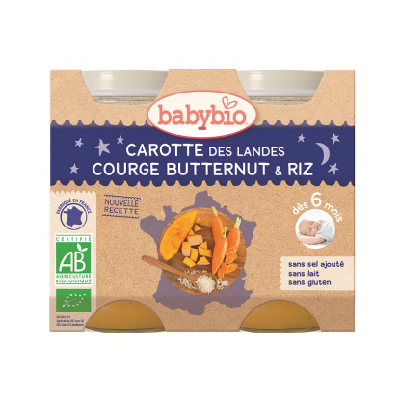 Babybio Carotte des landes, courge butternut et riz, dès 6 mois, 2*200g