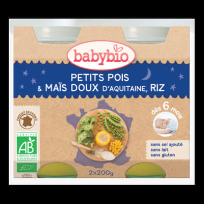 Babybio peas, sweet corn from Aquitaine, Camargue rice, from 6 months, 2*200g