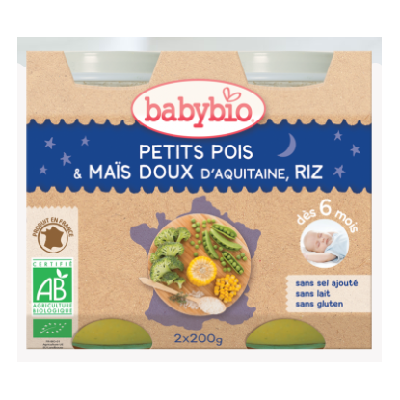 Babybio petits pois, maïs doux d'aquitaine, riz de camargue, dès 6 mois, 2*200g Babybio petits pois, maïs doux d'aquitaine, riz de camargue, dès 6 mois, 2*200g