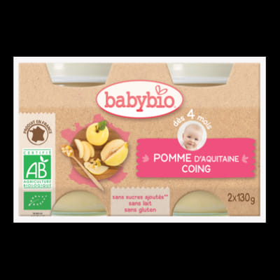 Babybio Pomme d'aquitaine, coing de Lorraine, dès 4 mois, 2*130g