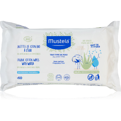 Lingettes de coton bio a l'eau x60 Mustela