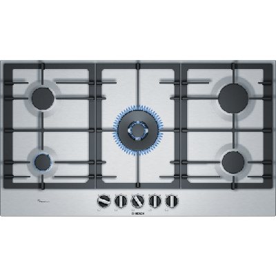 Bosch Serie 6 PCR9A5B90 plaque Noir, Acier inoxydable Intégré (placement) Gaz 5 zones