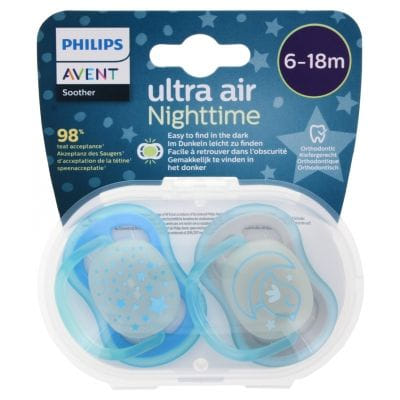 Avent Ultra Air Nighttime 2 Sucettes Orthodontiques 6-18 Mois - Couleur : Bleu