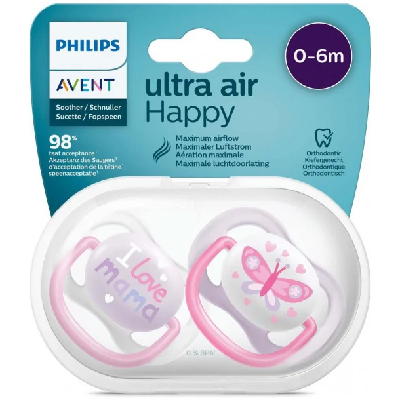 Sucette Avent Natural Ultra Air Happy 0-6mois Rose